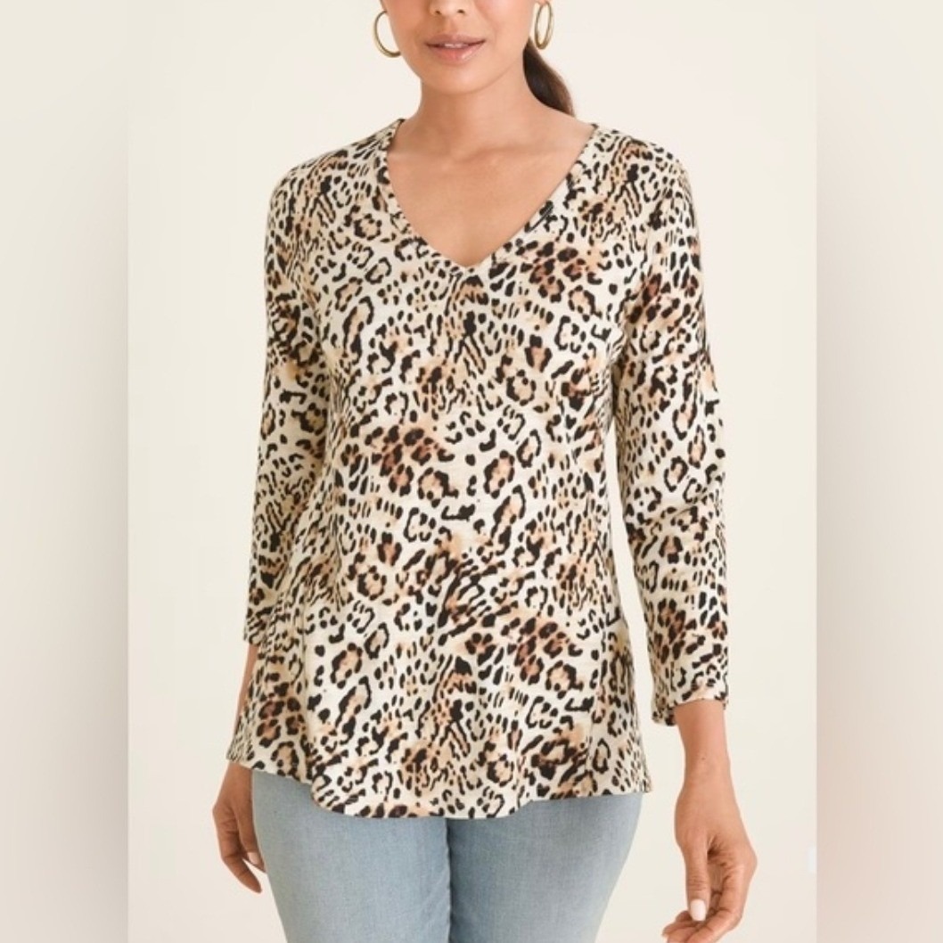 Chicos Leopard Print V-Neck Top 3/4 Sleeve High Low Cotton Modal Size 3 Xl